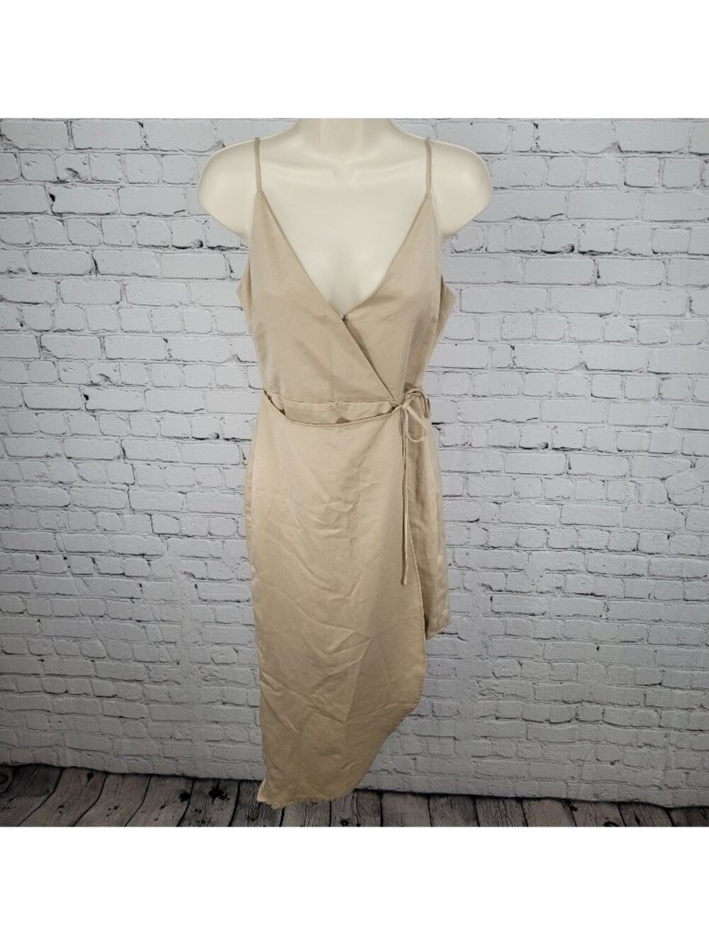 NWD BCBG Pale Gold Silky Strappy Asymmetric Wrap Tie Dress Size 2